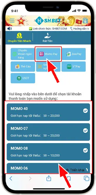 Bước 2: Chọn Momo Pay, sau đó lựa chọn cổng nạp bất kỳ phía dưới.